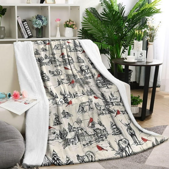 Beige Christmas Winter Scene Pattern Blanket,Comfortable Soft Lamb Wool Throw Blanket,All Season,Warm Lightweight Blankets for Sofa Bed Couch Living Room Chair,40"x50"
