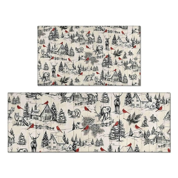 Beige Christmas Winter Scene Pattern Kitchen Rugs Sets Of 2,Anti Fatigue Kitchen Mat Rugs Non Slip Washable,Decorative Kitchen Floor Mats for Kitchen,Sink,Laundry,17"x30"+17"x47"
