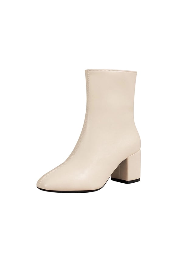 Beige Chunky Heel Ankle Boots For Women With Side Zipper Pointed Toe Design For Leisure Walking