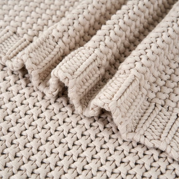 Beige Chunky Knit Throw Blanket + 51x63 Inch – 100% Organic Cotton, Lightweight and Cozy, Decorative Throw for Sofa, Bed, Couch, or Nursery