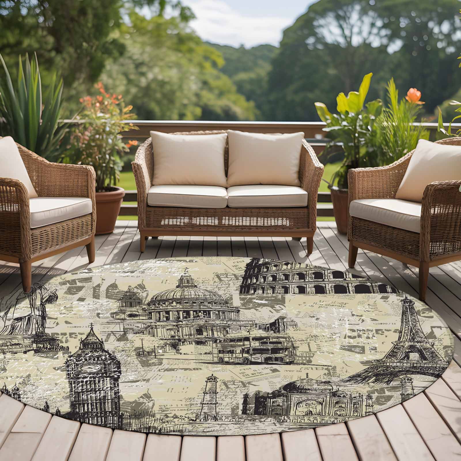 Beige City 8ft Round Rug for Open Concept Living Room Seating Zone ...
