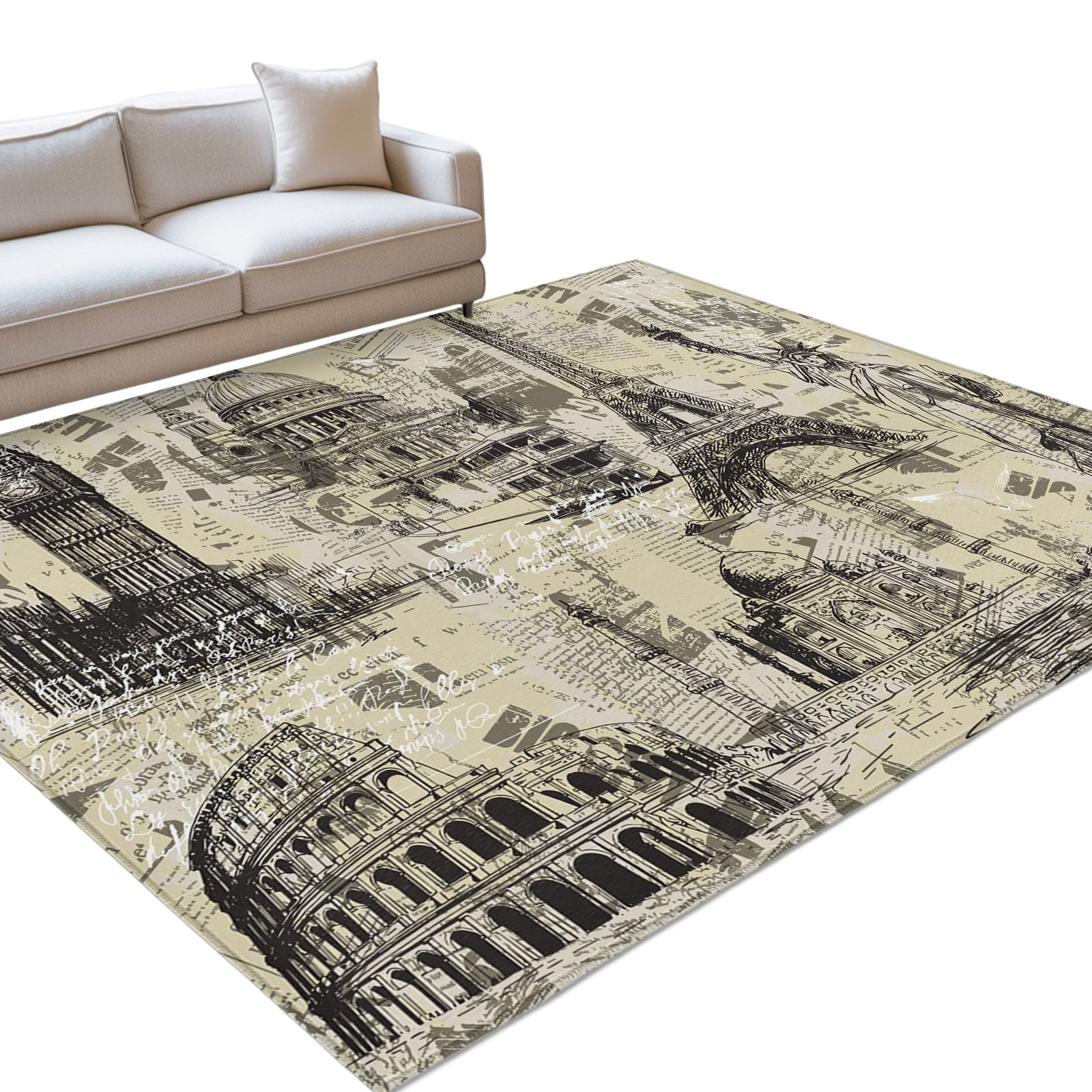 Beige City Area Rugs 5x7ft Retro Country Beige Architecture Newspaper ...