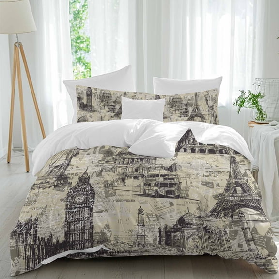Beige City Comforter Set Queen Size, Retro Country Beige Architecture Newspaper Texture Soft Bedding Set for Man Woman, 4 Pieces Duvet Cover Set with Fitted Sheet, 2 Pillowcases