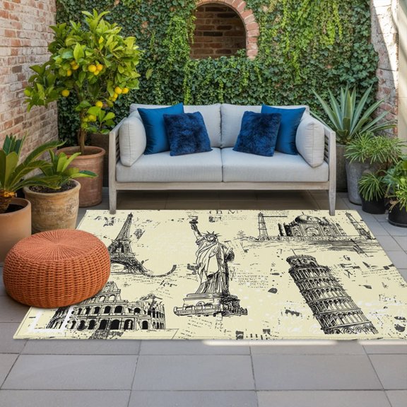 Beige City Indoor Outdoor Rugs 3x5 Ft, Modern Black Architecture Light Yellow Outdoor Patio Rugs Mat Washable Outside Area Rugs Carpet for Porch Deck RV Camping Pool Balcony Backyard