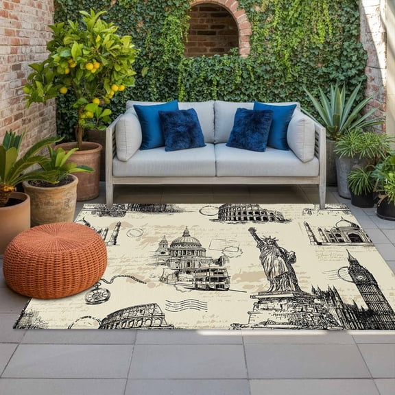 Beige City Indoor Outdoor Rugs 3x5 Ft, Retro Modern Abstract Beige Architecture Outdoor Patio Rugs Mat Washable Outside Area Rugs Carpet for Porch Deck RV Camping Pool Balcony Backyard