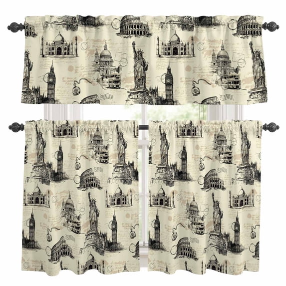 Beige City Kitchen Curtains Valance and Tier Set Retro Modern Abstract ...