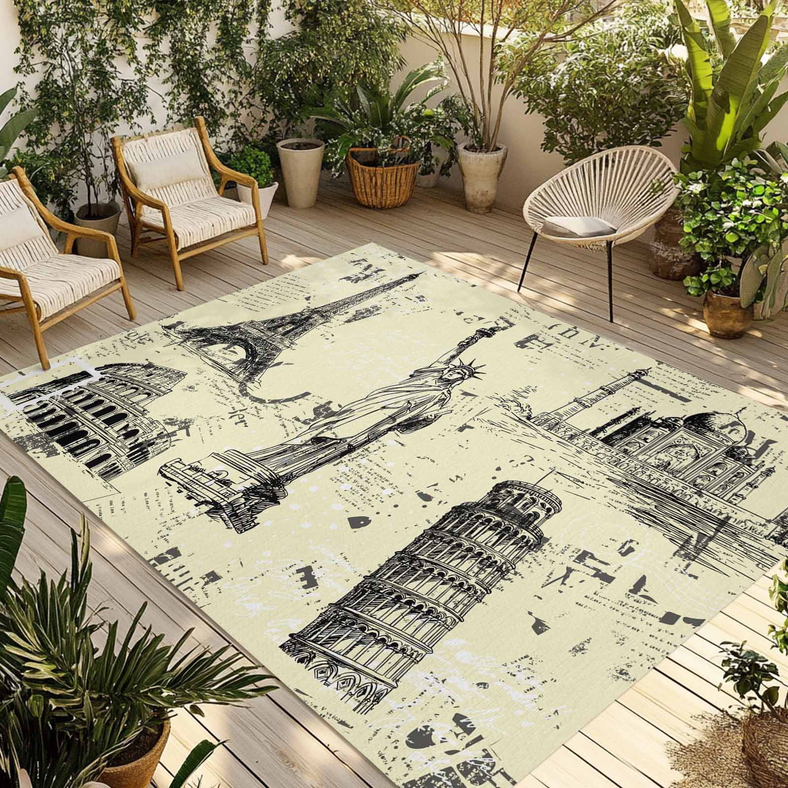 Beige City Outdoor Rug 5x7 ft Modern Black Architecture Light Yellow ...