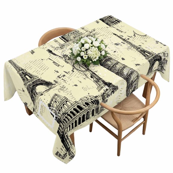 Beige City Rectangle Tablecloth Modern Black Architecture Light Yellow Waterproof Wrinkle Free Soft Table Cloth Spill-Proof Washable Table Cover for Dining Party Picnic 60 x 120 Inch