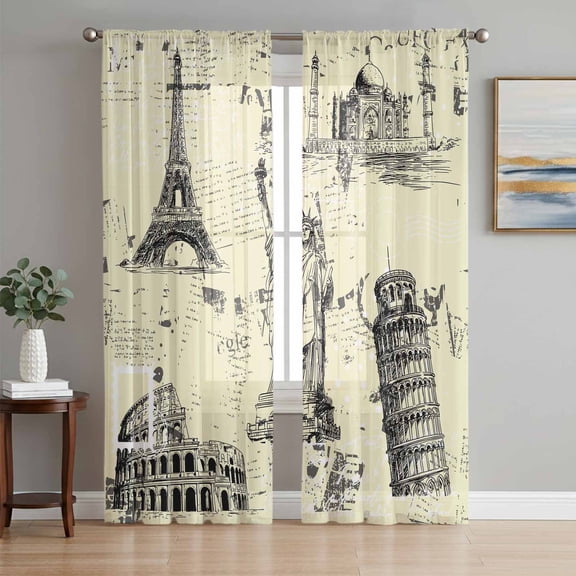 Beige City Semi Sheer Curtains 72 Inch Length 2 Panels Set, Modern Black Architecture Classic Buildings Sheer Kitchen Curtain Privacy Voile Window Curtain for Living Room Bedroom Rod Pocket Drapes