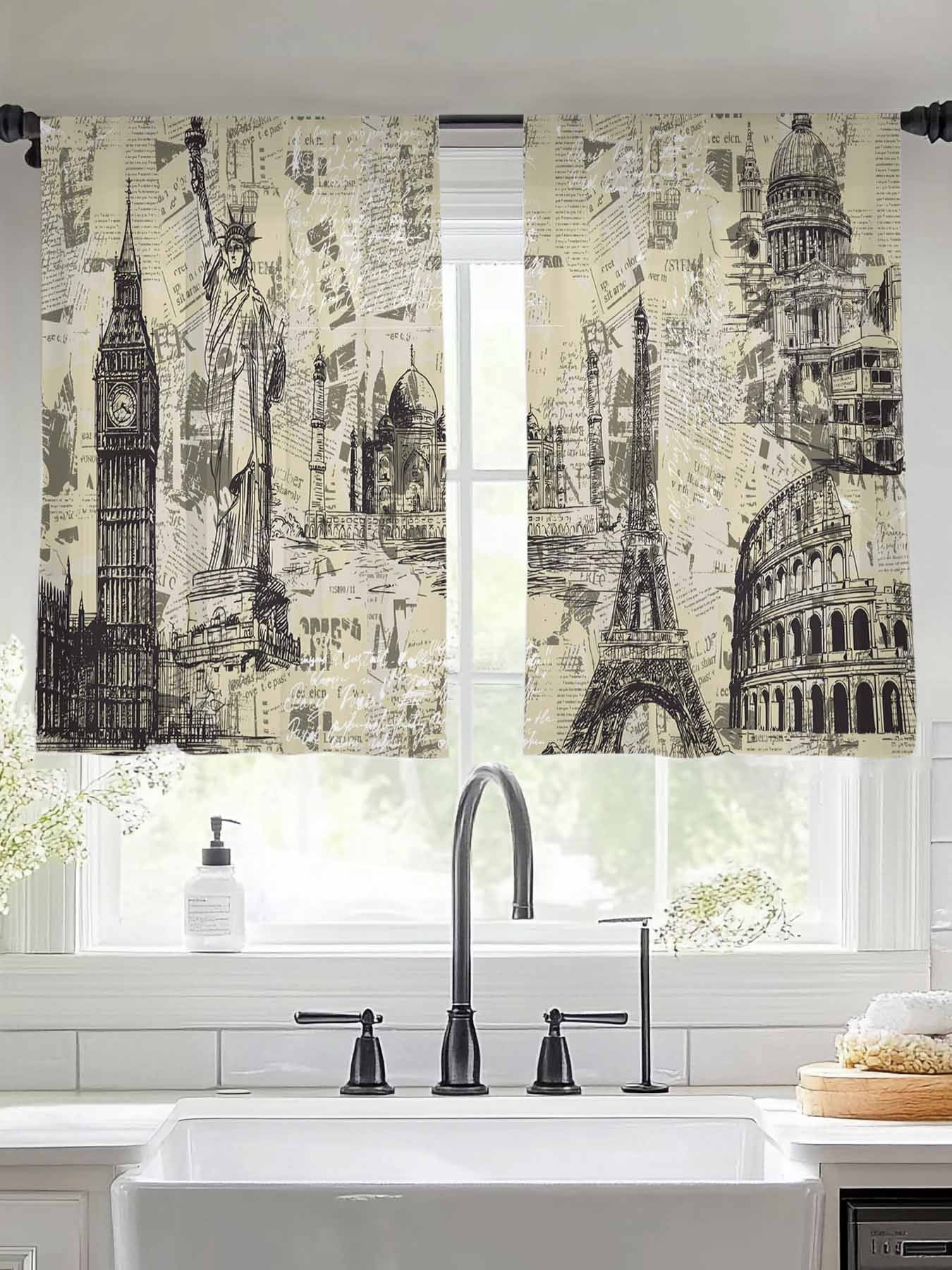 Beige City Sheer Curtains 54 inches Long, Retro Country Beige ...