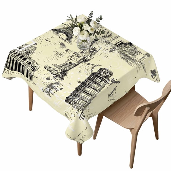 Beige City Square Tablecloth Modern Black Architecture Light Yellow Waterproof Wrinkle Free Soft Table Cloth Spill-Proof Washable Table Cover for Dining Party Picnic 60 x 60 Inch