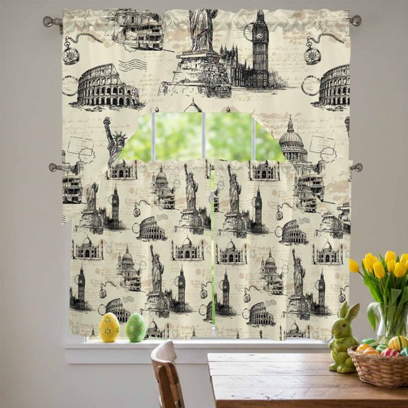 Beige City Swag Curtains Valance & Tier Set, Retro Modern Abstract Beige Architecture 3 Pcs Set Kitchen Swag Valances and Tiers 24 Inch Length Rod Pocket Curtain Drapes for Bedroom