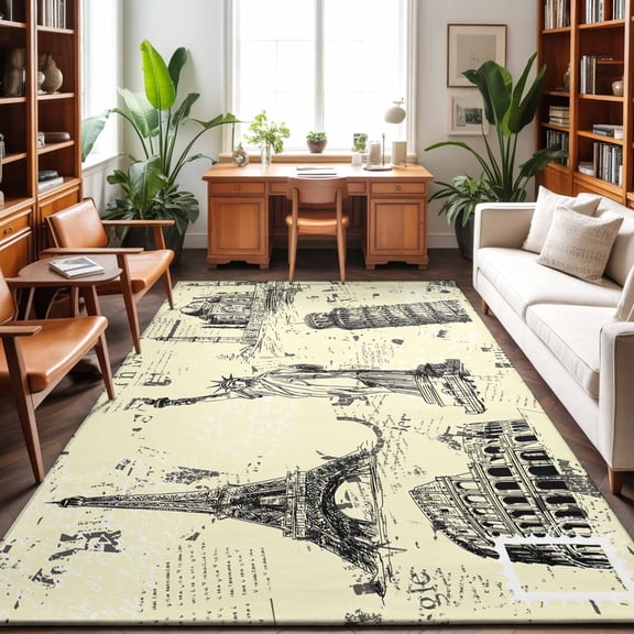 Beige City Washable Area Rug 9 x 12 ft Modern Black Architecture Light Yellow, Soft Non Slip Rugs Stain Repellent Indoor Felt Carpet for Living Dining Room Bedroom Home Office