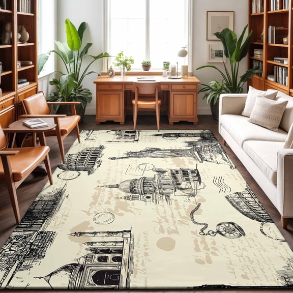 Beige City Washable Area Rug 9 x 12 ft Retro Modern Abstract Beige Architecture, Soft Non Slip Rugs Stain Repellent Indoor Felt Carpet for Living Dining Room Bedroom Home Office