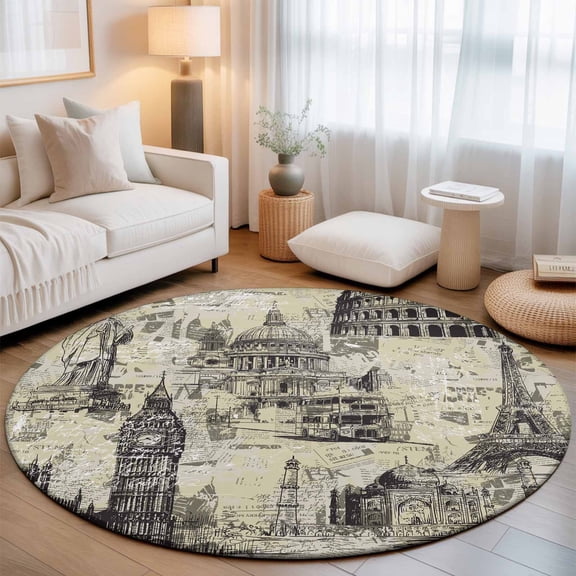 Beige City Washable Round Area Rug 3 ft, Retro Country Beige Architecture Newspaper Texture, Soft Non Slip Rugs Stain Repellent Indoor Felt Carpet for Living Dining Room Bedroom Home Office