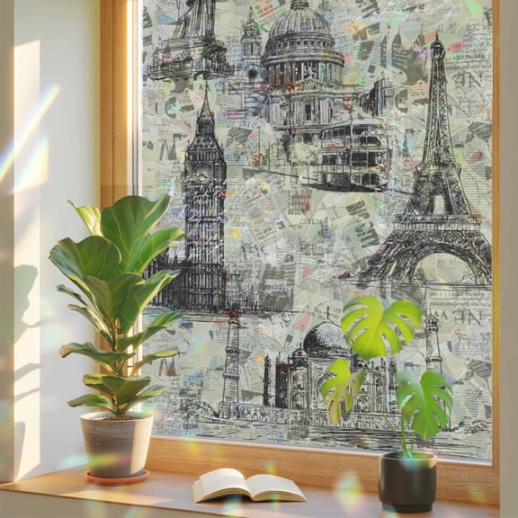Beige City Window Privacy Film, Retro Country Beige Architecture Newspaper Texture Stained Glass Rainbow Film Decorative Window Clings, Static Cling Sun Blocking Stickers 17.7" x 39.3"