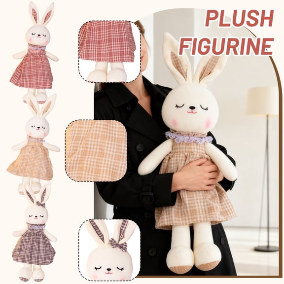 Beige Closed-Eye Rabbit Plush toy, Soft Stuffed Animal with Gingham Dress & Lace Collar, Cuddly Companion for Kids’ Bedtime, Nursery decor, Birthday & Holiday Gifting