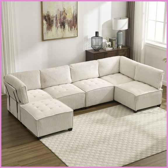 Beige Cloud Plush Corduroy 6-Seat Modular Sectional Sofa with Reversible Chaise Modern U-Shaped Couch for Living Room