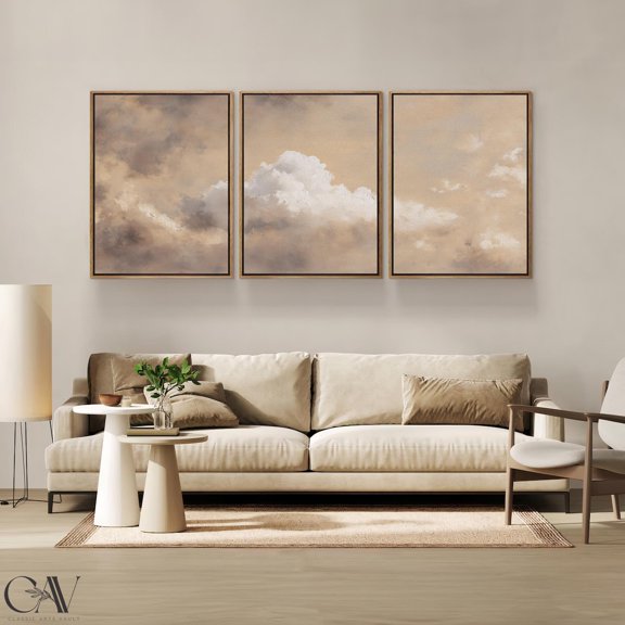 Beige Cloud Sky Poster Print Golden Hour Rustic Country Landscape Painting Triptych Wall Art Giclee Set 3