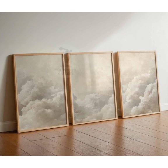 Beige Clouds Bedroom Wall Art White Clouds Beige Sky Vintage Home Decor Set 3 Unframed Paper Print 8x12