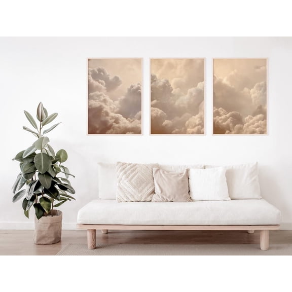Beige Clouds Wall Art Fluffy Clouds Sky Poster Neutral Wall Decor Vintage Bedroom Poster Set Set 3