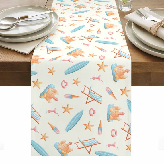 Beige Coastal Beach Table Runner Ocean Seaside Surfboards Starfish Tablerunners 13 x 36 Inch, Table Decorations Tabletop Scarf for Summer Gathering Holiday Farmhouse Kitchen Dining Decor