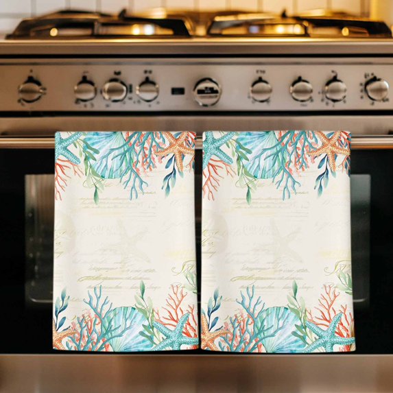 Beige Coastal Kitchen Towels Set of 4, Summer Nautical Beach Coral Starfish Absorbent Dish Towels for Kitchen, Microfiber Hand Towel, Quick Drying Tea Towel for Cleaning Decorative Dishcloths