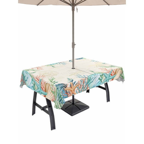 Beige Coastal Outdoor Tablecloth - 60x120 Inch Rectangle Dining Table Cover, Summer Nautical Beach Coral Starfish Waterproof Outdoor Table Cloth with Umbrella Hole & Zipper for Picnic/Patio/Party