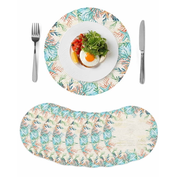 Beige Coastal Round 13 Inch Placemats Set of 8, Summer Nautical Beach Coral Starfish HeatResistant Non Slip Place Mats for Dining Table, Wipeable Braided Kitchen Table Mats for Housewarming