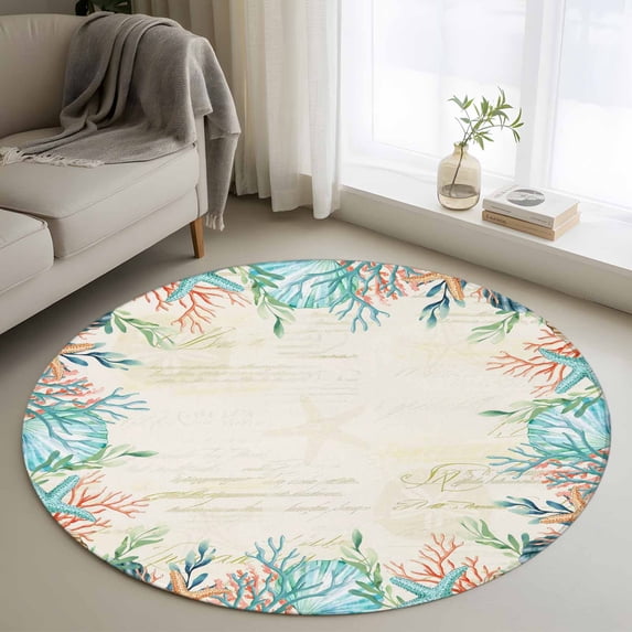 Beige Coastal Round Area Rug 3Ft Washable Small Circle Rugs for Kitchen Entryway, Summer Nautical Beach Coral Starfish Non-Slip Carpet Floor Mats Indoor Outdoor Carpet Runner Aesthetic Home Decor