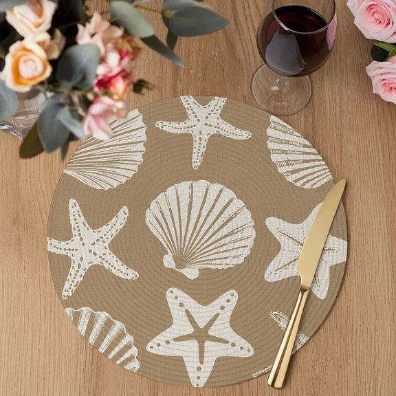 Beige Coastal Round Braided Placemats Set of 1, Starfish Shell Ocean Nautical Heat Insulation Place Mats Washable Non-Slip Table Mats for Kitchen Dining Party, 13 Inches