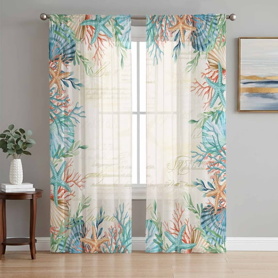 Beige Coastal Sheer Curtains 96 Inch Length 2 Panels Set Window Treatments, Summer Nautical Beach Coral Starfish Rod Pocket Semi Curtains for Living Room/Bedroom/Kitchen Décor, 104"W x 96"L