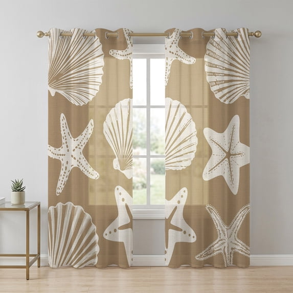 Beige Coastal Sheer Curtains 96 Inch Long 2 Panels, Starfish Shell ...