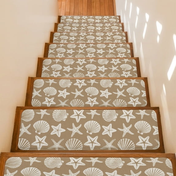 Beige Coastal Stair Treads Non Slip for Steps Starfish Shell Ocean Nautical 7 Pcs Reusable Adhesive Stair Runner Mats for Dogs Elders Carpet Treads Rugs for Staircase 8x30 In