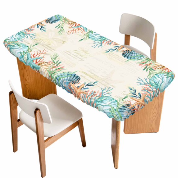 Beige Coastal Table Cloths for 4 Foot Rectangle Tables, Summer Nautical Beach Coral Starfish Patio Waterproof Elastic Fitted Tablecloths, Washable Rectangular Table Cover for Camping