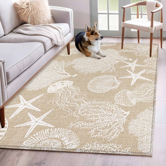 Beige Coastal Washable Area Rugs 4'x6', Nautical Starfish Jellyfish Coral Summer Low Pile Throw Living Room Rug Non-Slip Sturdy Edge Binding Carpet for Indoor Entryway Bedside Kitchen