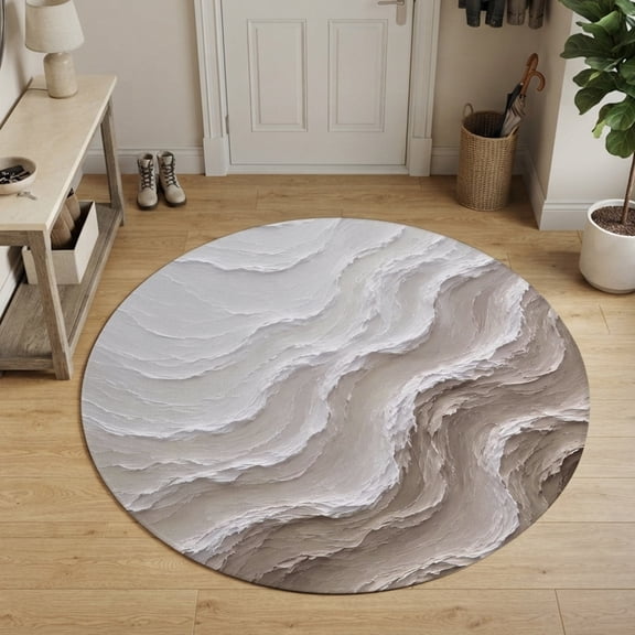 Beige Coastal Waves Round Area Rug 3Ft Small Circle Rugs for Kitchen Entryway, Abstract Modern Ocean Layered Plaste Art Non-Slip Carpet Floor Mats Indoor Outdoor Carpet Runner Aesthetic Home Decor