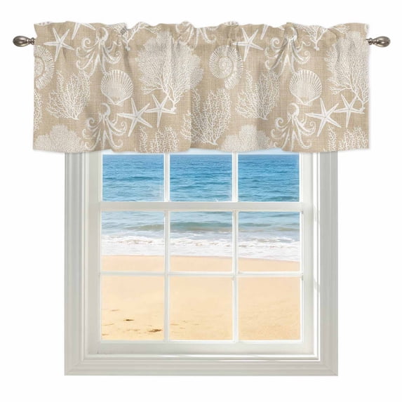 Beige Coastal Window Valance for Kitchen, Nautical Starfish Octopus Coral Summer Rod Pocket Short Curtain for Small Windows, Light Filtering Decorative Valance, 60 x 14 Inch