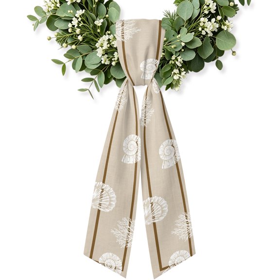 Beige Coastal Wreath Sash for Front Door, Decorative Seasonal Bows Ribbons, Khaki Square Coral Seahorse Beach Holiday Wreath Accessories for Home Thanksgiving Fall Christmas Decorations