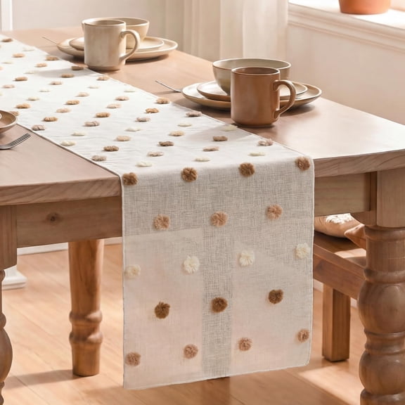 Beige Coffee Brown Pom Pom Tulle Table Runner, Seasonal Washable Kitchen Dining Table Decoration for Home Party Decor 12x90 Inch