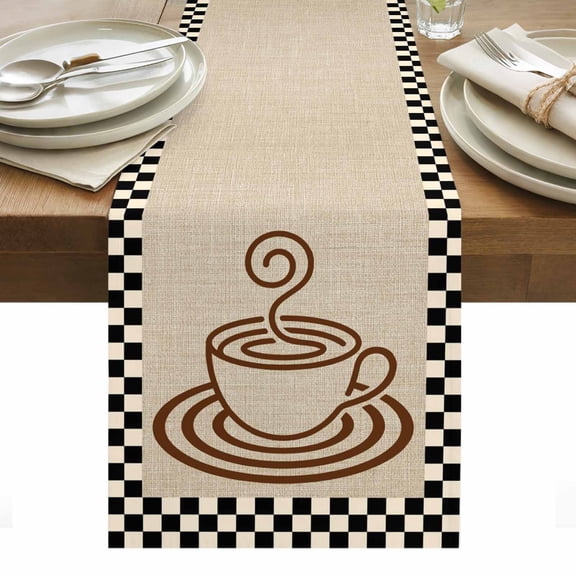 Beige Coffee Table Runner Farmhouse Coffee Cup Black White Plaid Tablerunners 13 x 48 Inch, Table Decorations Tabletop Scarf for Summer Gathering Holiday Farmhouse Kitchen Dining Decor
