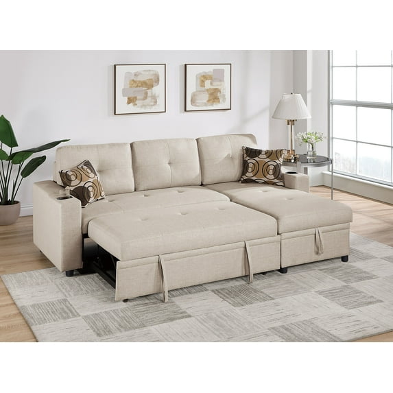 Beige Color Convertible Sectional 2pc Set Dorris Fabric Tufted Sofa Chaise w Storage Cup Holder