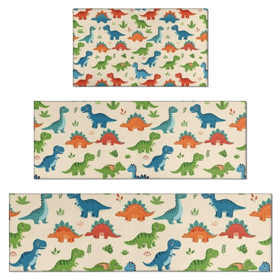 Beige Colorful Dinosaur Pattern Kitchen Rugs Sets Of 3,Kitchen Runner Rugs Non Skid Washable,Decorative Kitchen Floor Mats for Kitchen,Sink,Laundry,17"x30"+ 17"x47" + 17"x59"