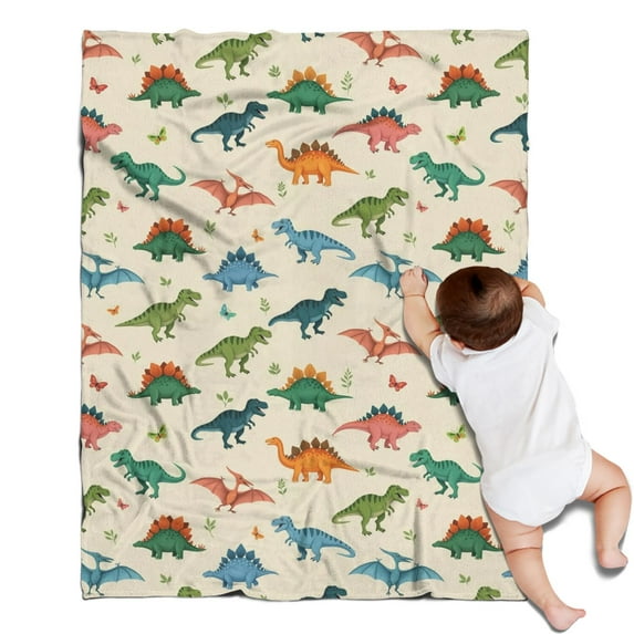 Beige Colorful Dinosaurs Pattern Blanket,Comfortable Soft Flannel Throw Blanket,All Season,Warm Lightweight Blankets for Sofa Bed Couch Living Room Chair,30"x40"