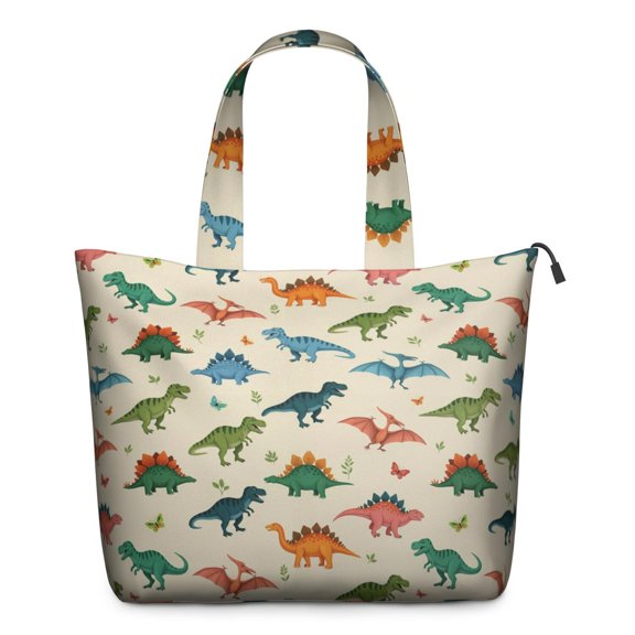 Beige Colorful Dinosaurs Pattern Travel Tote Bags for Women Carry On,Large Weekender Bags for Women Travel,Multi Functional Duffle Bag for Work,Shopping,Sports