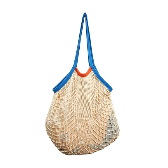 Beige Colorful Lined Mesh Shopping Bag Beach Bag Handy Strong Load Capacity, Cotton