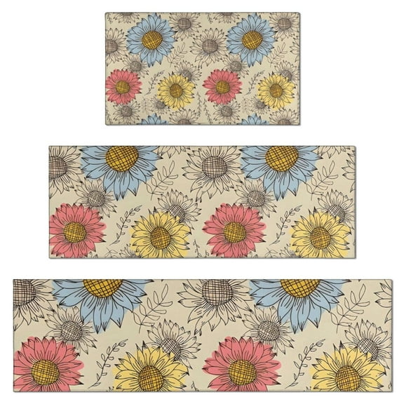 Beige Colorful Sunflower Pattern Kitchen Rugs Sets Of 3,Kitchen Runner Rugs Non Skid Washable,Decorative Kitchen Floor Mats for Kitchen,Sink,Laundry,17"x30"+ 17"x47" + 17"x59"