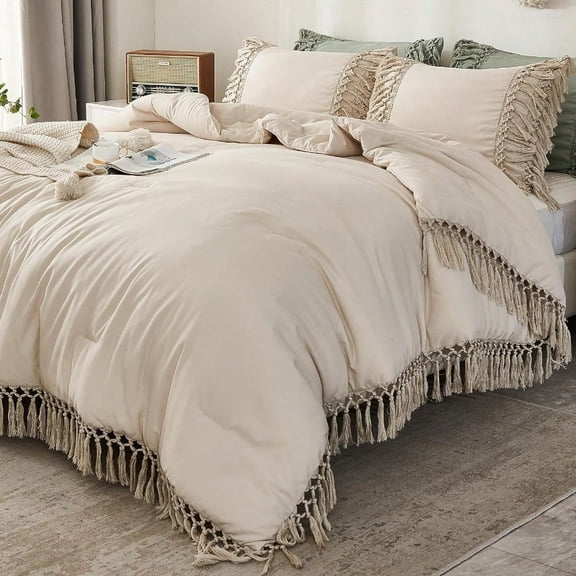 Beige Comforter Set California King 3 Pieces Boho Tassel Lightweight Soft Bedding Comforter Sets For King Bed All Season Fluffy Fringe Bed Set 104x96In Comforter 2 Pillowcases