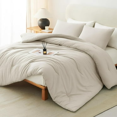Beige Comforter Set Full Size, 3 Pieces Solid Breathable Quilted Style Bedding Sets, Luxury Fluffy Soft Microfiber Comforter for All Season(1 Comforter & 2 Pillowcases)