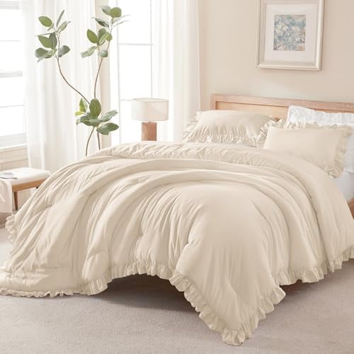 Beige Comforter Set Queen Size, 3 Pieces Shabby Chic Ruffle Bedding Comforter Sets for Queen Bed, Lightweight Fluffy Soft Microfiber Farmhouse Comforter Set